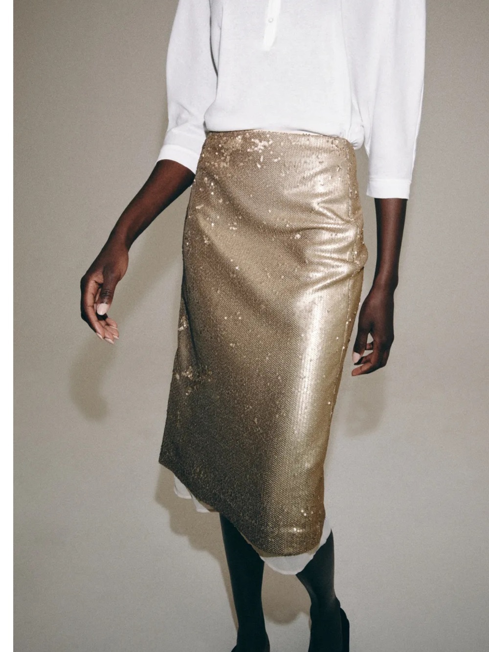 Zara NWT ZW COLLECTION beige light taupe muted Metallic Sequin Midi Skirt - Picture 8 of 9